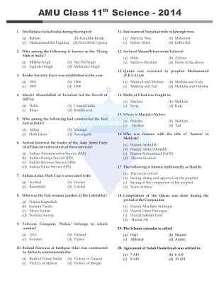AMU Class 11 (Science) Q & A - 2014